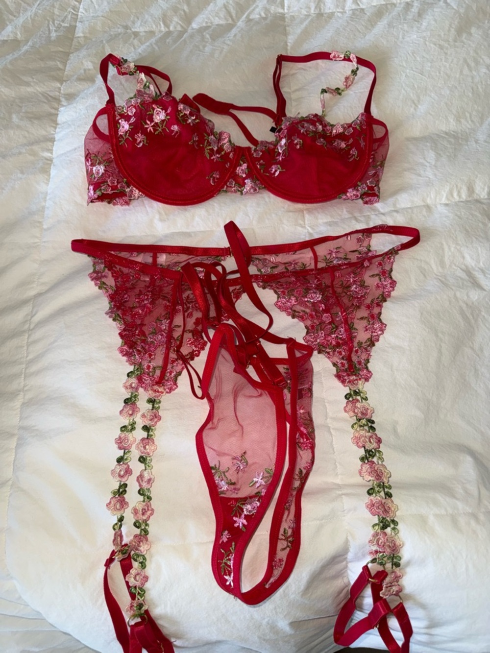 Red Floral Embroidered Lingerie Set - Women Intimates